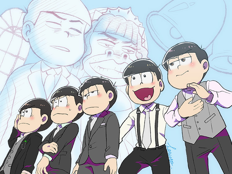 10s 1girl 6+boys :3 :d ahoge arms_at_sides bags_under_eyes bell black_eyes black_hair black_jacket black_pants blank_eyes blue_background blunt_bangs brothers brown_eyes clapping collared_shirt color_drain dobusu_(osomatsu-san) dress dress_shirt dutch_angle eyelashes formal_clothes frown half-closed_eyes heart heart_in_mouth hetero holding_own_arm jacket jitome lineup long_sleeves matsuno_choromatsu matsuno_ichimatsu matsuno_jyushimatsu matsuno_karamatsu matsuno_osomatsu matsuno_todomatsu messy_hair multiple_boys necktie nostrils o--i-ocha open_mouth osomatsu-kun osomatsu-san osomatsu_(series) pants projected_inset salute sextuplets shirt siblings signature smile standing suit suspenders sweatdrop thick_eyebrows tiara veil vest wavy_mouth wedding wedding_dress white_shirt window