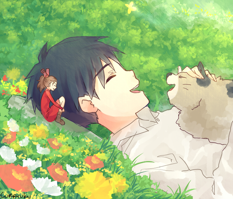 10s 1boy 1girl :d ^_^ arrietty black_hair boots brown_hair cat closed_eyes curryuku dress flower grass hair_ornament headpat karigurashi_no_arrietty lying male_focus mini_person minigirl on_back open_mouth ponytail profile rock shou_(karigurashi_no_arrietty) sitting smile