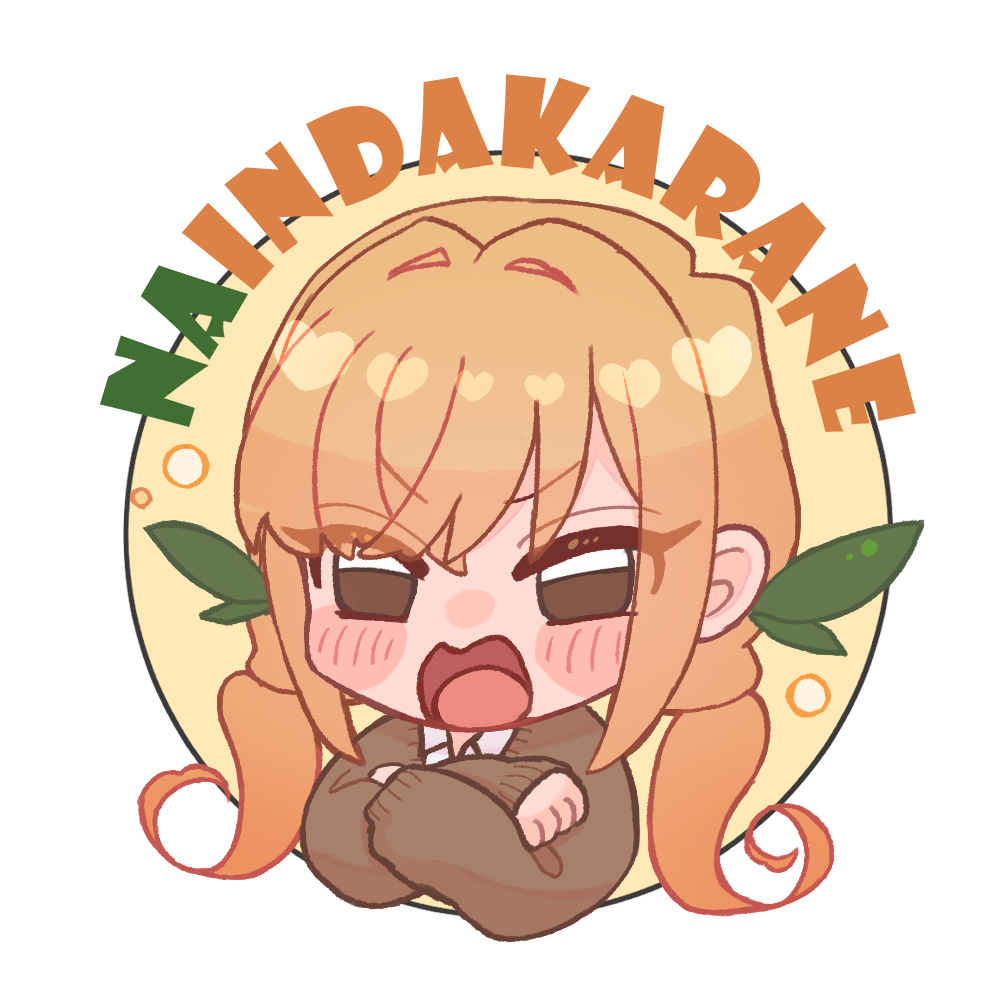 1girl blonde_hair blush_stickers brown_cardigan brown_eyes cardigan character_name chibi chibi_only crossed_arms female_focus hair_intakes heart inda_karane kimi_no_koto_ga_dai_dai_dai_dai_daisuki_na_100-nin_no_kanojo long_hair no_nose oknomyk open_mouth shirt solo tsundere twintails upper_body white_shirt