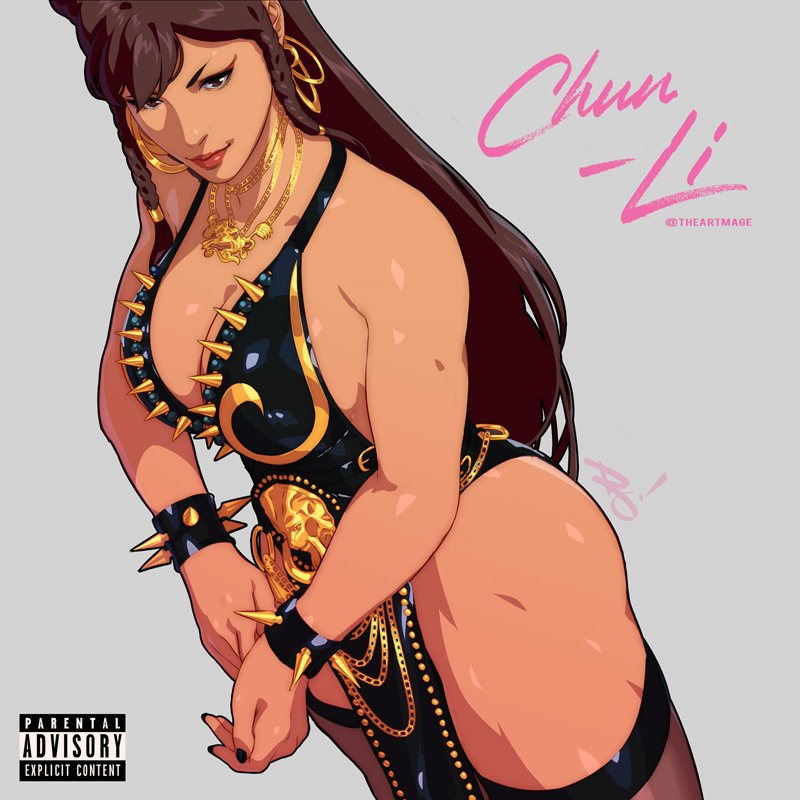 1girl album_cover bracelet breasts capcom chun-li cosplay cover dress earrings fake_cover hair_down jewelry large_breasts muscular muscular_female necklace nicki_minaj_(cosplay) official_alternate_costume parental_advisory pelvic_curtain solo spiked_bracelet spikes street_fighter the_art_mage thick_thighs thighhighs thighs