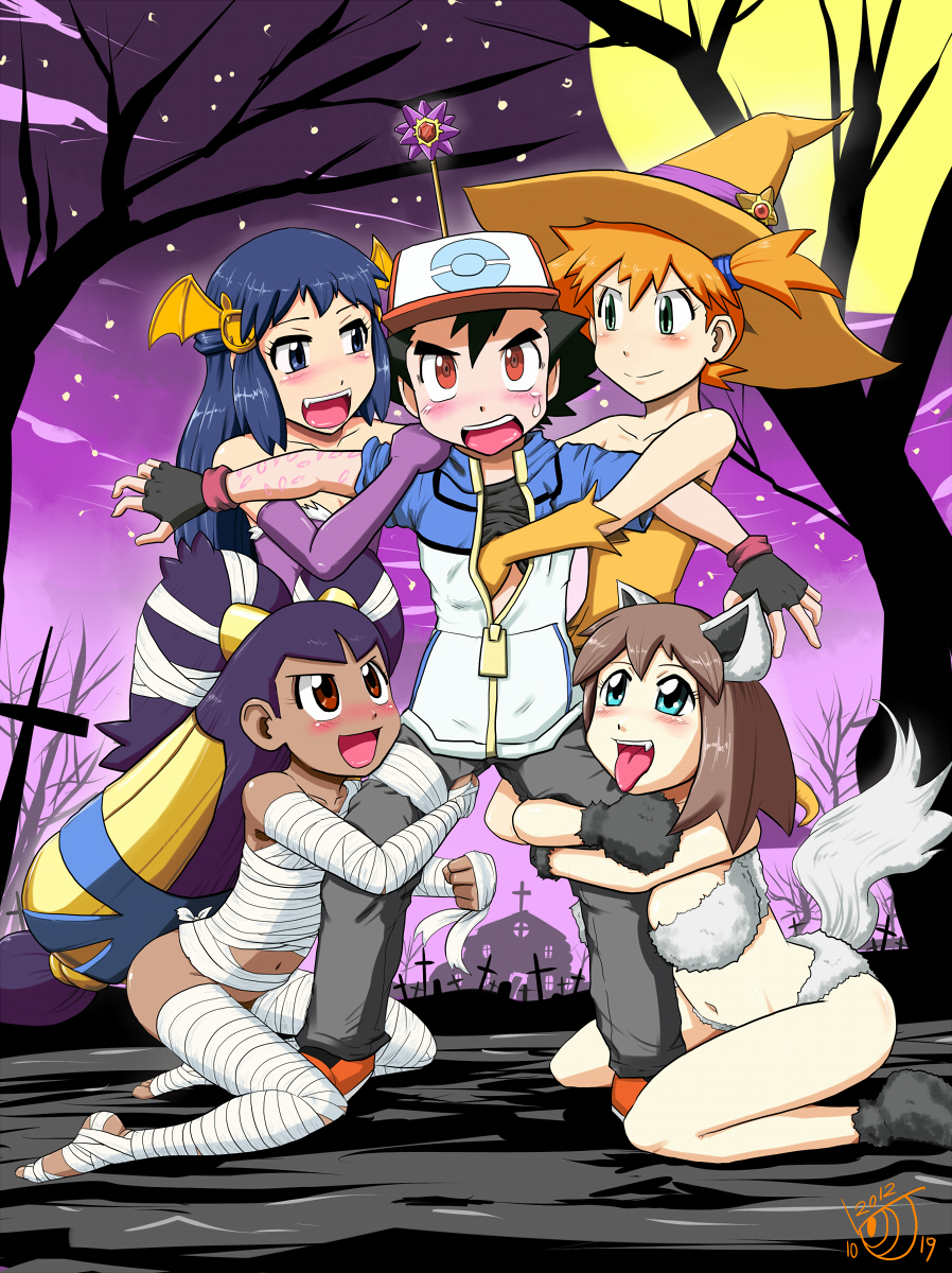 &gt;:) 10s 1boy 2012 4girls animal_ears arm_grab ash_ketchum ass bandages bare_shoulders baseball_cap bite_mark black_hair blue_eyes blue_hair blush breasts brown_eyes brown_hair clothes_lift cofagrigus cofagrigus_(cosplay) cosplay dark_skin dated dawn_(pokemon) demon_girl elbow_gloves fake_animal_ears fake_tail fangs fingerless_gloves friend_zone gen_1_pokemon gen_3_pokemon gen_5_pokemon gloves gouguru graveyard green_eyes hair_ornament halloween hand_under_clothes hat highres iris_(pokemon) kneeling large_breasts leg_grab long_hair looking_up may_(pokemon) midriff misty_(pokemon) mittens moon multiple_girls mummy naughty_face navel night nintendo no_headwear orange_hair pokemon pokemon_(anime) poochyena poochyena_(cosplay) purple_hair red_eyes restrained shirt_lift short_hair side_ponytail starmie staryu sweatdrop tail tongue tongue_out tree v-shaped_eyebrows vampire wand werewolf witch witch_hat zubat