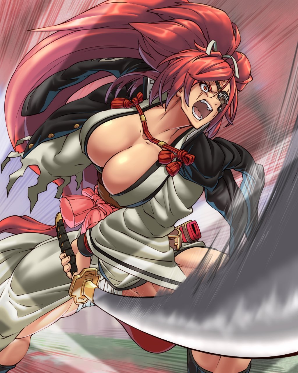 1girl amputee baiken bandaged_leg bandages big_hair breasts cleavage commentary_request eyepatch foreshortening guilty_gear guilty_gear_strive hair_tie highres imoimoimori_ura japanese_clothes kataginu katana kimono large_breasts long_hair motion_lines motoyui multicolored_kimono obi one-eyed open_clothes open_kimono open_mouth red_hair samurai sash scar scar_across_eye scar_on_face solo sword torn_sleeve very_long_hair weapon wide_sleeves