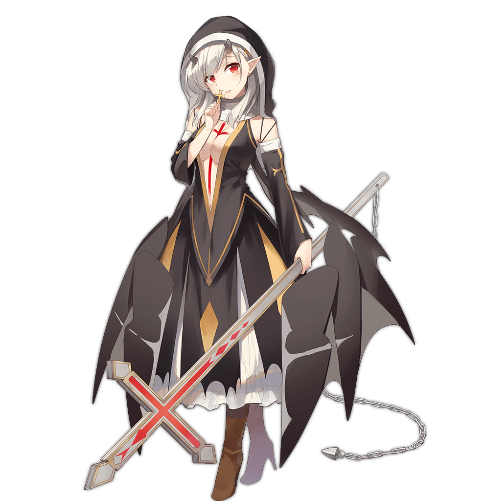 1girl ark_order black_dress black_wings boots breasts brown_boots center_opening cleavage cross cross_tattoo demon_girl demon_horns dress ear_piercing full_body gargoyle_(ark_order) habit heijialan high_heel_boots high_heels holding holding_cross horns large_breasts looking_at_viewer low_wings medium_hair nun official_art piercing pointy_ears red_eyes solo tachi-e tattoo transparent_background variant_set white_hair wings