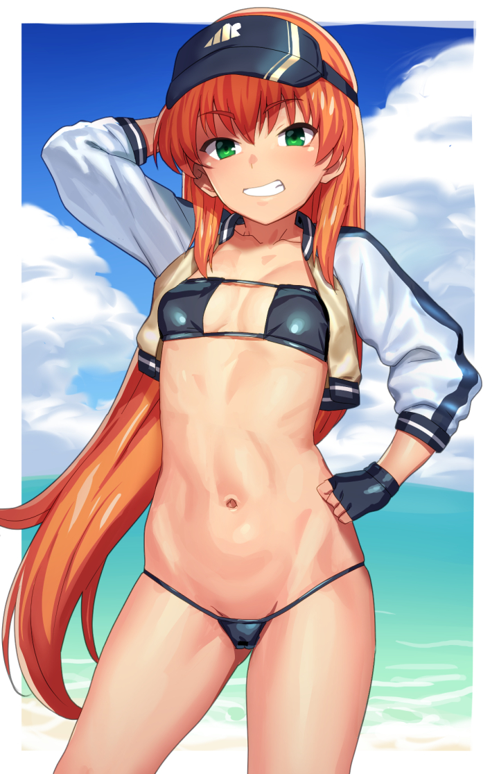 1girl abs akai_homura artworks/73478826 bikini breasts eyepatch_bikini hand_on_own_hip jacket long_hair model_pose outdoors small_breasts solo strapless swimsuit tan tanline tenchisouha tokimeki_memorial tokimeki_memorial_2 tube_top visor_cap