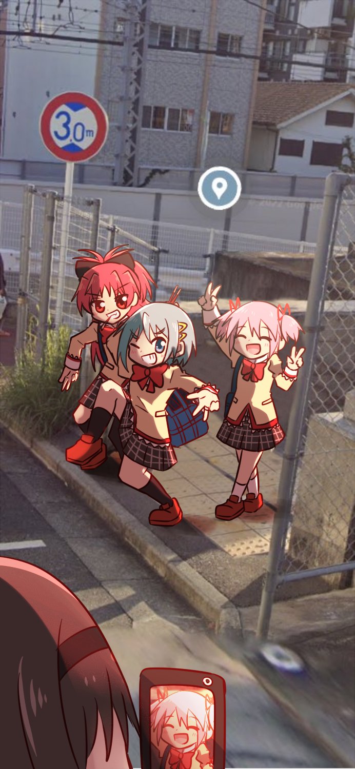 4girls akemi_homura cellphone high_school_girls_posing_for_google_street_view_(meme) highres jx2_(jennyiq) kaname_madoka mahou_shoujo_madoka_magica meme miki_sayaka mitakihara_school_uniform multiple_girls phone sakura_kyoko school_uniform smartphone