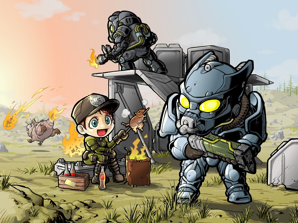 1girl 2boys :d armor black_footwear blue_eyes boots brown_hair chibi directed-energy_weapon enclave_(fallout) energy_gun energy_weapon fallout fallout_3 fire flamethrower food full_body green_jacket green_pants gun hat helmet hirekatsu holding holding_food holding_gun holding_weapon jacket laser_gun laser_weapon lasgun long_hair long_sleeves military military_hat military_uniform multiple_boys naked_mole_rat open_mouth outdoors pants pauldrons power_armor shoulder_armor sitting smile soda_bottle standing weapon