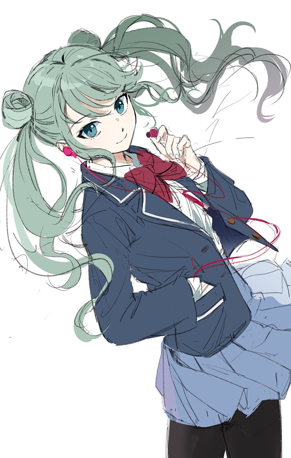 1girl aqua_eyes aqua_hair bad_id bad_twitter_id black_pantyhose blue_jacket blue_skirt bow bowtie collared_shirt cowboy_shot double_bun earphones hair_bun hand_in_pocket hatsune_miku highres holding holding_earphones iwatnc jacket kamiyama_high_school_uniform_(project_sekai) long_sleeves looking_at_viewer open_clothes open_jacket pantyhose pleated_skirt project_sekai red_bow red_bowtie school_uniform shirt sidelocks single_earphone_removed skirt smile swept_bangs twintails vivid_bad_squad_miku vocaloid white_background white_shirt