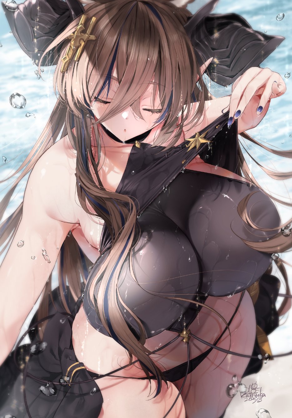1girl 218 beach bikini black_bikini blue_nails breasts brown_hair closed_eyes galleon_(granblue_fantasy) galleon_(summer)_(granblue_fantasy) granblue_fantasy highres large_breasts nail_polish sand solo swimsuit water wet