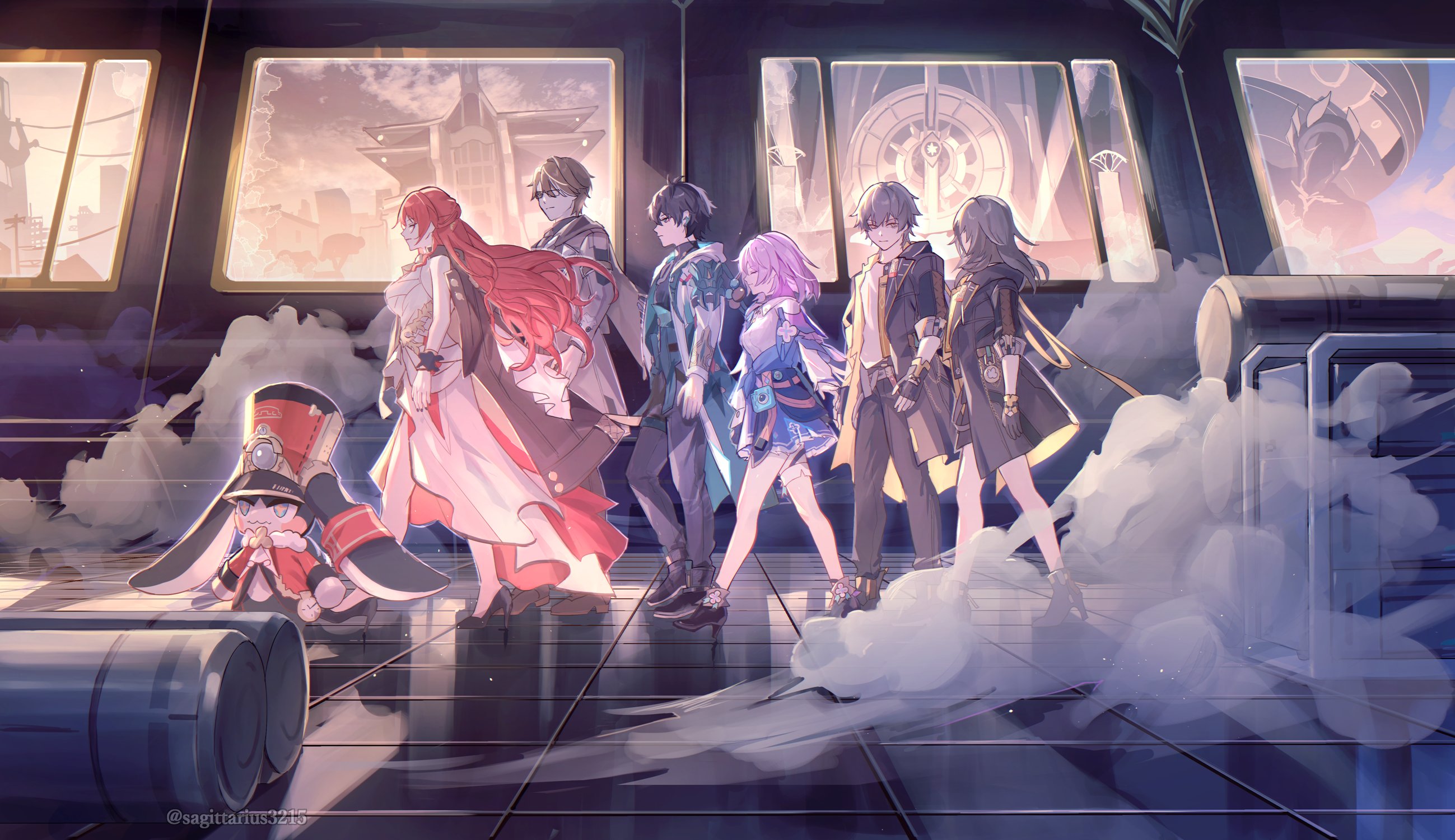 3girls 4boys black_hair caelus_(honkai:_star_rail) commentary_request dan_heng_(honkai:_star_rail) dan_heng_(hunt)_(honkai:_star_rail) from_side grey_hair highres himeko_(honkai:_star_rail) honkai:_star_rail honkai_(series) indoors kukatsuma long_hair march_7th_(honkai:_star_rail) march_7th_(preservation)_(honkai:_star_rail) medium_hair multiple_boys multiple_girls pants pink_hair pom-pom_(honkai:_star_rail) red_hair reflection smoke stelle_(honkai:_star_rail) trailblazer_(honkai:_star_rail) twitter_username walking watermark welt_yang window