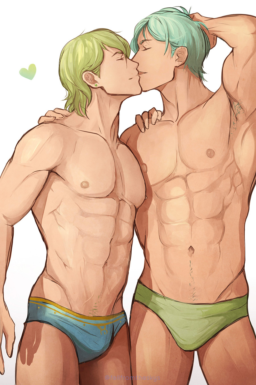 2boys abs aqua_hair arm_behind_head arm_up armpit_hair armpits blue_male_underwear briefs commentary commission couple ear_piercing english_commentary ephraim_(fire_emblem) fell_from_the_sky fire_emblem fire_emblem:_the_sacred_stones green_hair green_male_underwear hand_on_another&#039;s_shoulder heart highres innes_(fire_emblem) kiss male_focus male_underwear multiple_boys navel nintendo nipples pectorals piercing short_hair sparse_navel_hair toned toned_male topless_male twitter_username underwear underwear_only white_background yaoi