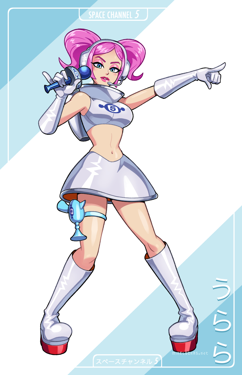 1girl blue_eyes boots breasts crop_top gloves highres large_breasts lips medium_hair microphone mike_luckas pink_hair skirt space_channel_5 twintails ulala
