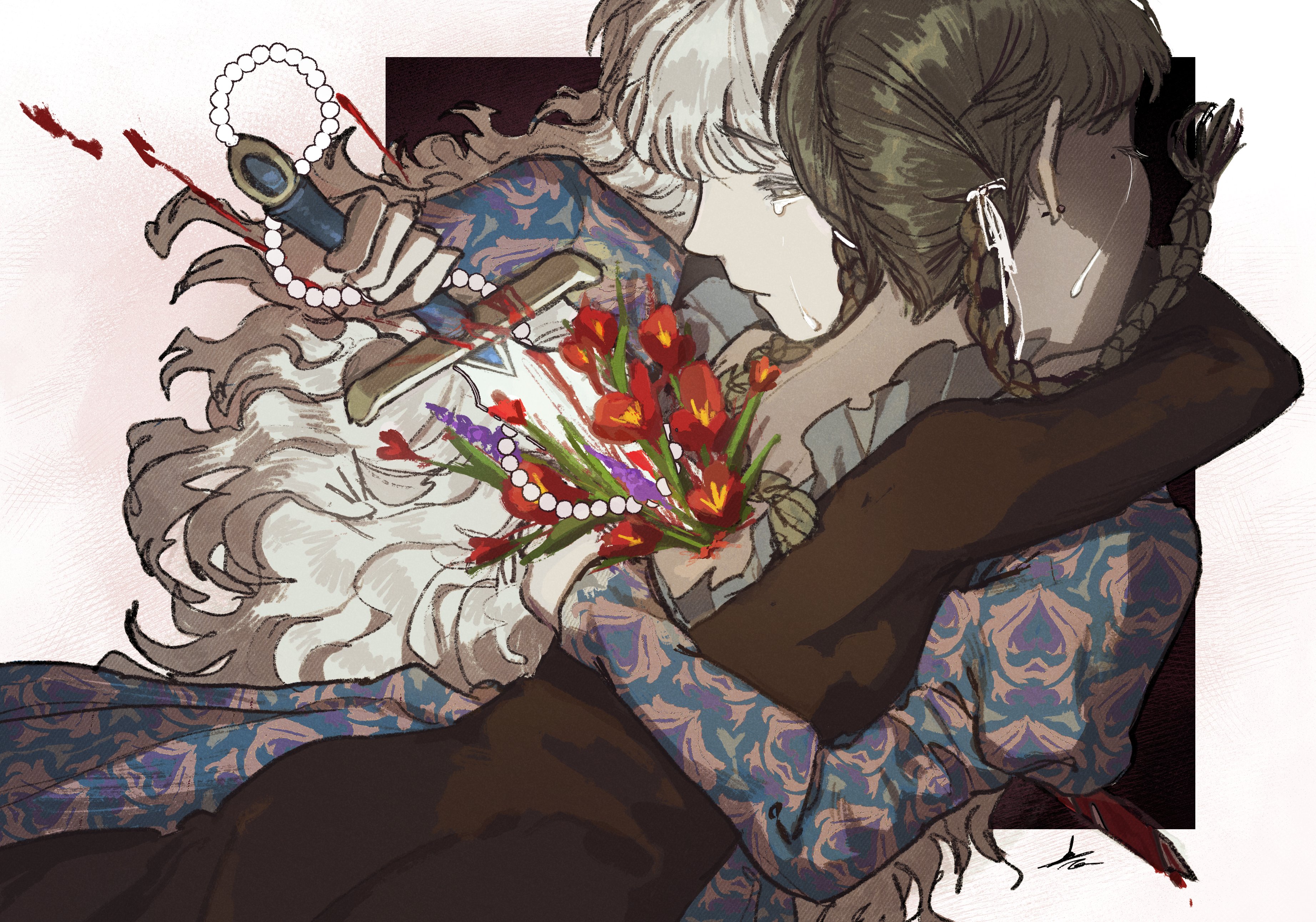 2girls absurdres alternate_body_fluid backstab bead_necklace beads black_dress blood braid brown_hair closed_eyes commentary_request cowboy_shot crying crying_with_eyes_open dark-skinned_female dark_skin dress floating_hair flower frilled_dress frills hair_over_one_eye heart highres holding holding_sword holding_weapon hug jewelry juliet_sleeves korean_commentary long_hair long_sleeves looking_away looking_down mole mole_under_eye multiple_girls murder necklace original print_dress puffy_sleeves red_flower stab streaming_tears suicide sword tears toktin_zq twin_braids twintails weapon white_hair