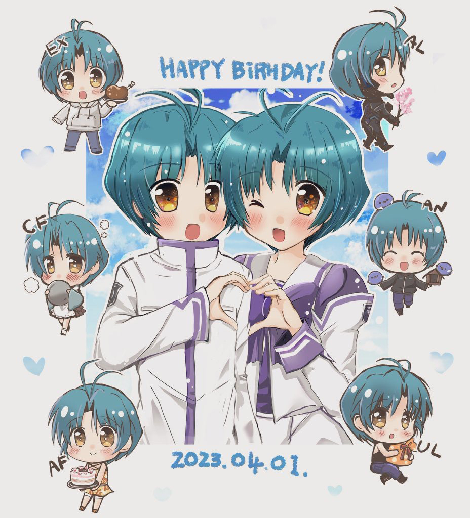 1boy 1girl bag bird black_jacket black_tank_top bow cake chibi chibi_inset cloud dated dress flower food fortified_suit green_kimono grey_hoodie hama_(ponkotu826) happy_birthday heart heart_hands heart_hands_duo holding holding_bag holding_flower holding_tray hood hood_down hoodie jacket japanese_clothes kimono looking_at_viewer maid mecha_pilot_suit multiple_persona muv-luv muv-luv_altered_fable muv-luv_alternative muv-luv_alternative_(anime) official_alternate_costume one_eye_closed orange_dress pilot_suit pink_flower purple_bow shirt skirt sky smile tank_top tray wa_maid white_jacket white_shirt white_skirt yoroi_mikoto