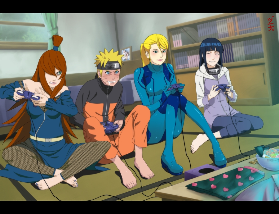 1boy 3girls barefoot bed blonde_hair blue_eyes blush bodysuit brown_hair console controller crossover dannex009 feet food forehead_protector full_body game_console gamecube hair_over_one_eye hyuuga_hinata konohagakure_symbol long_hair md5_mismatch metroid multiple_girls nail_polish naruto_(series) naruto_shippuuden ninja nintendo noodles odd_one_out playing ponytail purple_hair ramen saliva samus_aran short_hair sitting spiked_hair terumi_mei toes underwear uzumaki_naruto zero_suit