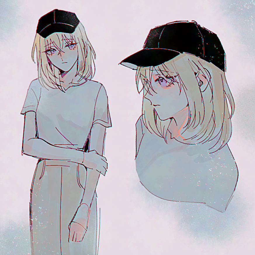 1girl bang_dream! bang_dream!_it&#039;s_mygo!!!!! baseball_cap black_hat blonde_hair hand_on_own_arm hat maybecrosswise medium_hair misumi_uika multiple_views pants purple_eyes shirt short_sleeves white_shirt