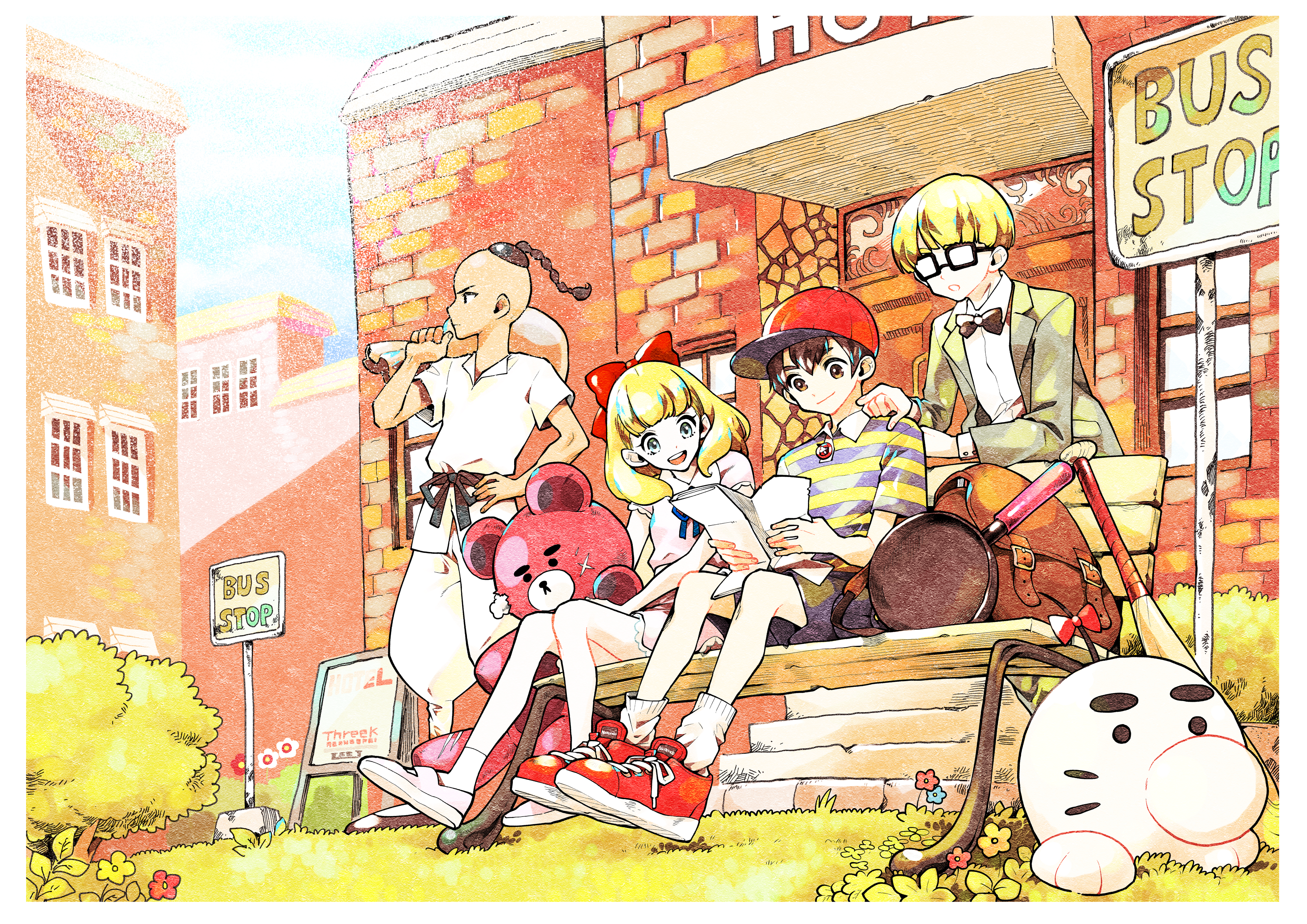 1girl 3boys absurdres aoki_ippei. bag baseball_bat baseball_cap bench black_bow black_hair black_shoes blonde_hair blue_eyes blue_ribbon bow brown_eyes building bus_stop doseisan dougi dress flower formal_clothes frying_pan glasses grass green_suit hair_ribbon hat highres holding holding_map holding_sack jeff_andonuts karate_gi map medium_hair mother_(series) mother_2 multiple_boys ness_(mother_2) nintendo open_mouth outdoors paula_(mother_2) pink_dress pink_shoes pointing poo_(mother_2) red_ribbon red_shoes ribbon sack shirt shoes sitting smile socks striped_clothes striped_shirt stuffed_animal stuffed_toy suit teddy_bear tree white_socks wooden_bench