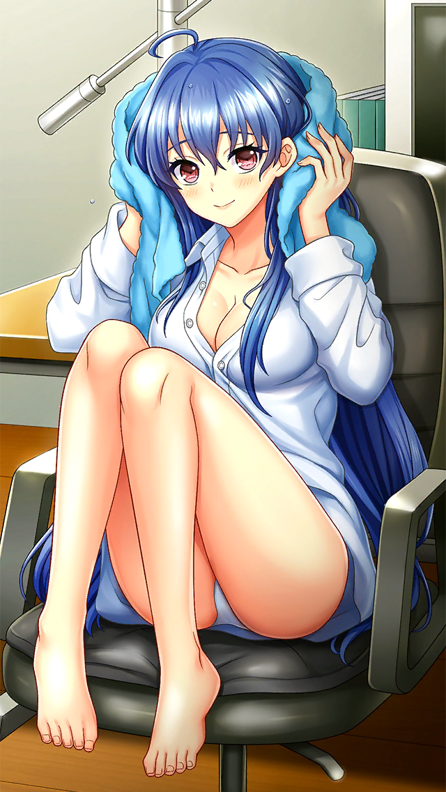 1girl ahoge bare_legs barefoot blue_hair blush breasts cleavage closed_mouth collarbone collared_shirt doukyuusei_(series) doukyuusei_another_world dress_shirt full_body game_cg hair_between_eyes indoors kakyuusei_(series) kakyuusei_2 large_breasts long_hair long_sleeves looking_at_viewer no_bra official_art panties partially_unbuttoned red_eyes shirt sitting smile solo straight_hair takatoo_nanase towel underwear very_long_hair wet wet_hair white_panties white_shirt wing_collar