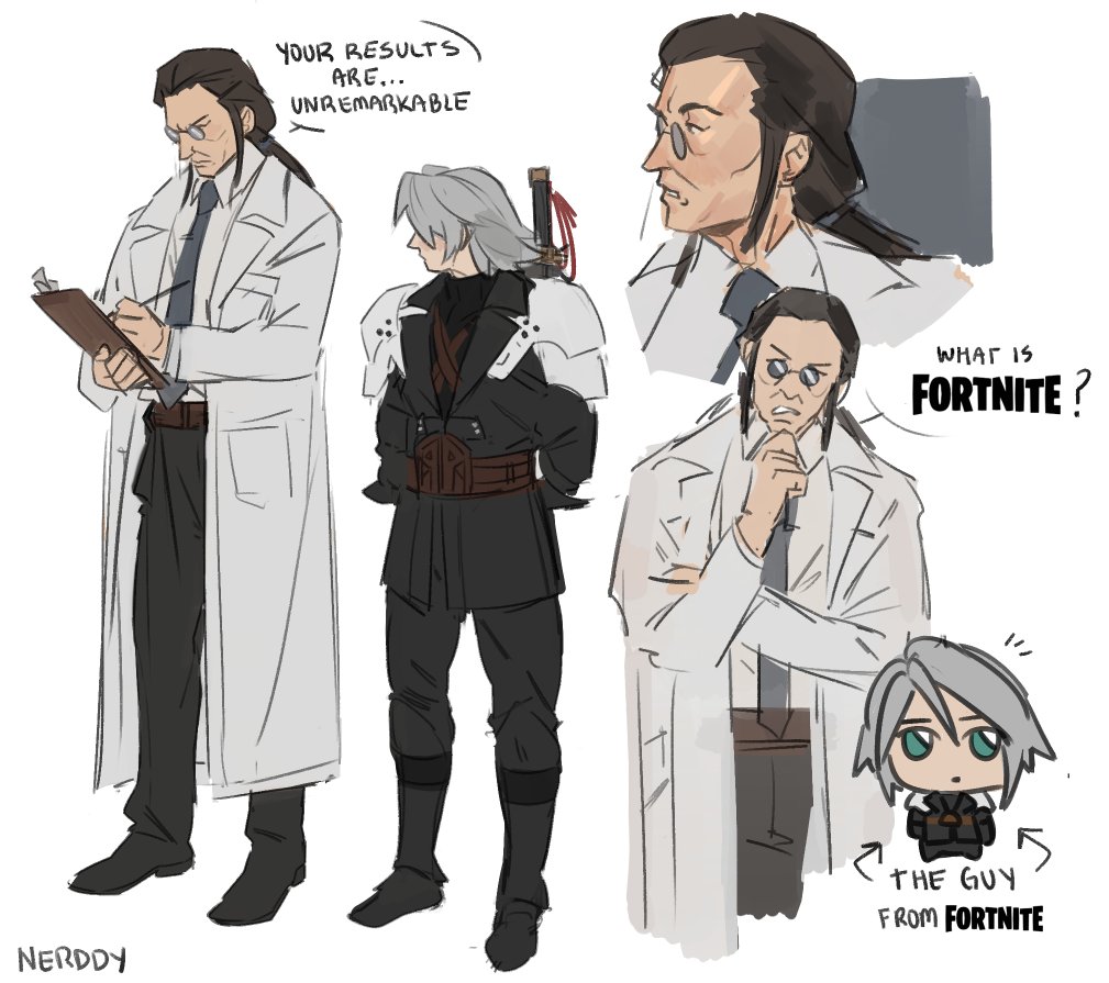 2boys armor brown_hair chibi chibi_inset clipboard commentary english_commentary english_text final_fantasy final_fantasy_vii final_fantasy_vii_ever_crisis fortnite green_eyes grey_hair holding holding_clipboard katana lab_coat long_hair male_focus multiple_boys nerddynerb pauldrons ponytail professor_houjou sephiroth sephiroth_(ever_crisis) short_hair shoulder_armor speech_bubble standing sunglasses sword sword_on_back weapon weapon_on_back