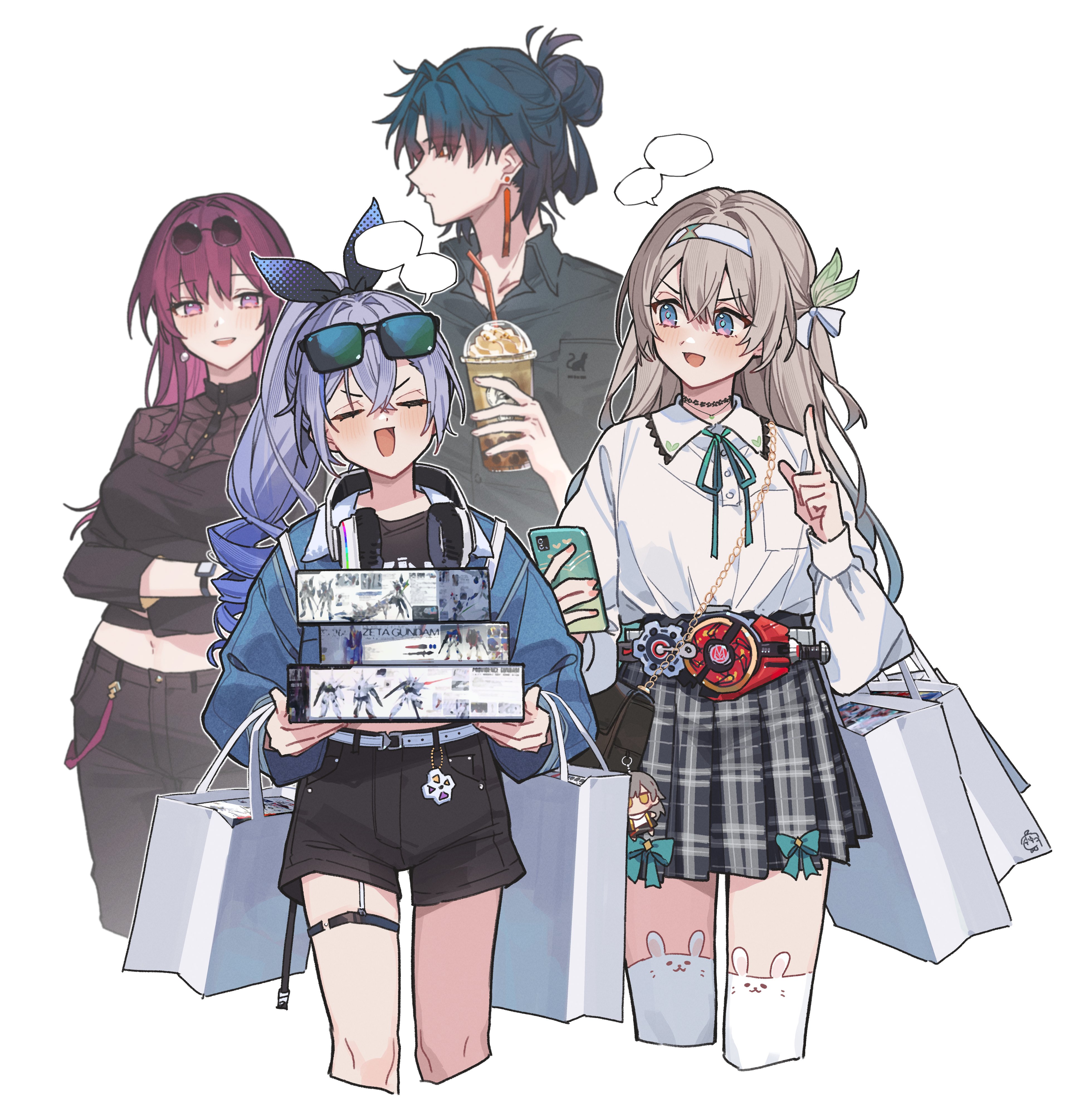1boy 3girls absurdres adk-em alternate_costume bandai bandai_namco belt black-framed_eyewear black_pants black_shirt black_shorts black_skirt blade_(honkai:_star_rail) blue_belt boost_buckle bow cellphone closed_eyes collar core_id_(geats) desire_driver drill_hair drill_ponytail eyewear_on_head facing_viewer firefly_(honkai:_star_rail) hair_bow hairband high_ponytail highres holding holding_phone honkai:_star_rail honkai_(series) index_finger_raised ishimori_prod jacket kafka_(honkai:_star_rail) kamen_rider kamen_rider_geats kamen_rider_geats_(series) long_hair looking_at_another magnum_buckle midriff multiple_girls open_clothes open_jacket open_mouth pants phone ponytail purple_eyes purple_hair ribbon shirt shorts silver_wolf_(honkai:_star_rail) simple_background skirt smartphone smile speech_bubble thighhighs tinted_eyewear toei_company tokusatsu tsukino_(nakajimaseiki) tv_asahi twitter v-shaped_eyebrows white_background white_collar white_hairband white_thighhighs zettai_ryouiki