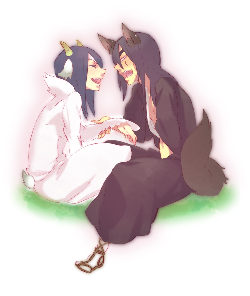 2boys animal_ears black_hair bleach eyepatch closed_eyes horns japanese_clothes long_hair menoco multiple_boys nnoitra_gilga open_mouth sandals scar tail zaraki_kenpachi