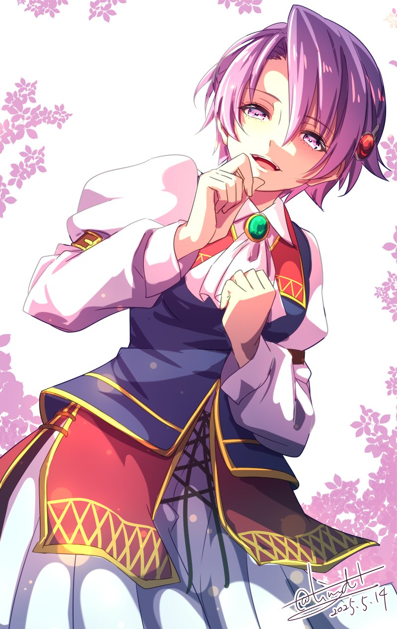 1girl ascot brooch dated dress eiyuu_densetsu hair_between_eyes hair_ornament highres jewelry juliet_sleeves kloe_rinz long_sleeves looking_at_viewer open_mouth parted_bangs puffy_sleeves purple_eyes purple_hair short_hair signature smile solo sora_no_kiseki tinybiard twitter_username