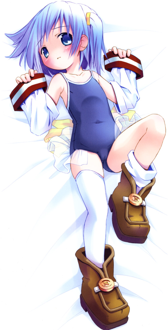 00s 1girl bed blue_eyes blue_hair blush boots cameltoe detached_sleeves female_focus flat_chest large_buttons loli lying matching_hair/eyes moetan on_back one-piece_swimsuit pastel_ink pop pop_(electromagneticwave) school_swimsuit short_hair short_twintails skirt solo swimsuit swimsuit_costume thighhighs twintails white_thighhighs
