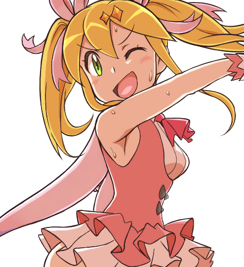 android arm_up armpits blonde_hair character_request cowboy_shot diamond_(shape) dress frills gloves halloween_costume halloween_roll halloween_roll_(megaman_x_dive) happy magical_girl mega_man_(classic) mega_man_(series) nobuyu_(77yusei) pink_dress ribbon roll_(mega_man) smile sweat torso twintails