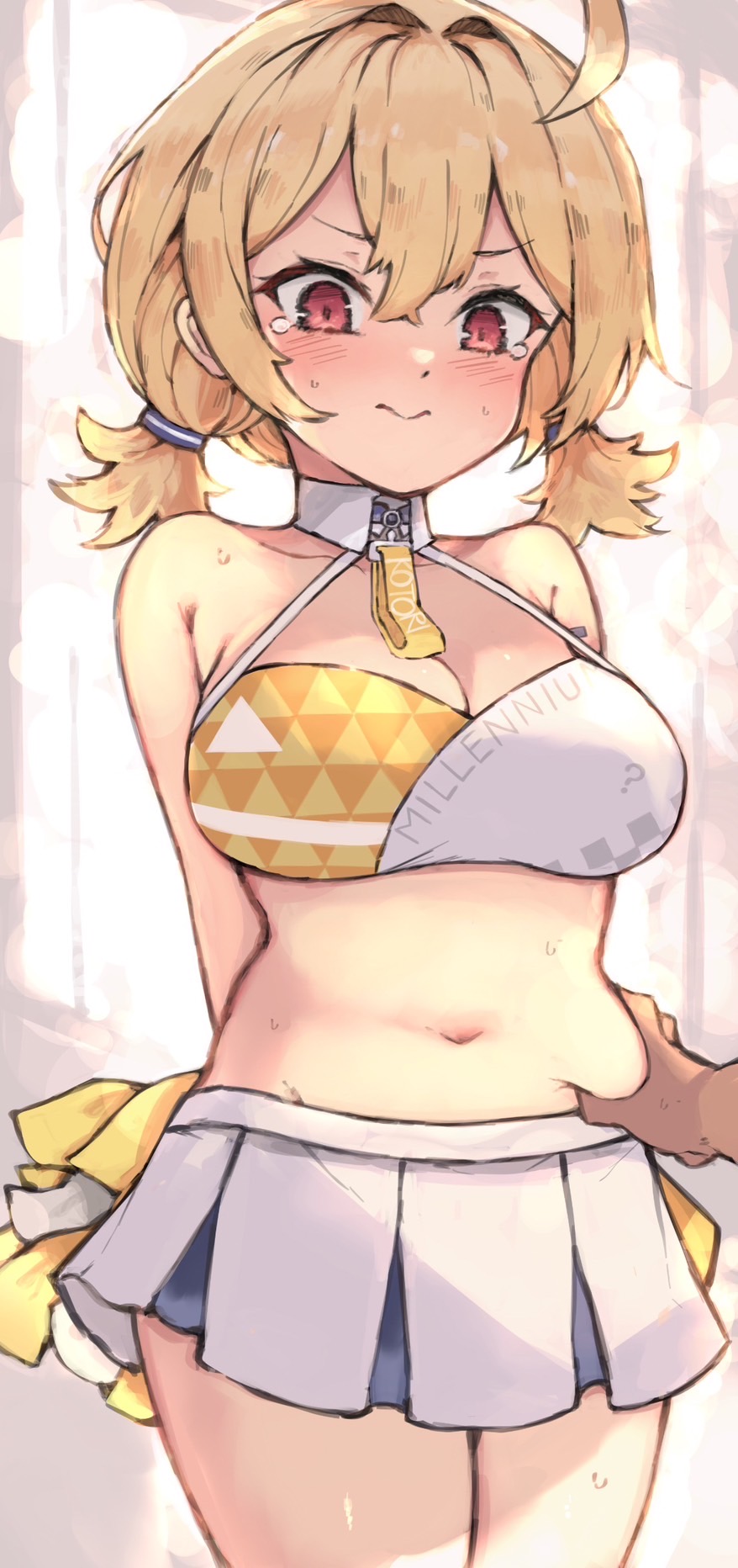 1girl ahoge arms_behind_back bare_shoulders belly_grab blonde_hair blue_archive blush breasts cheerleader cleavage closed_mouth collarbone highres holding holding_pom_poms kotori_(blue_archive) kotori_(cheer_squad)_(blue_archive) kyuu_(plastic_night_q) large_breasts millennium_cheerleader_outfit_(blue_archive) navel official_alternate_costume plump pom_pom_(cheerleading) pom_poms red_eyes short_twintails skirt solo_focus sports_bra sweat tears twintails two-tone_sports_bra white_skirt