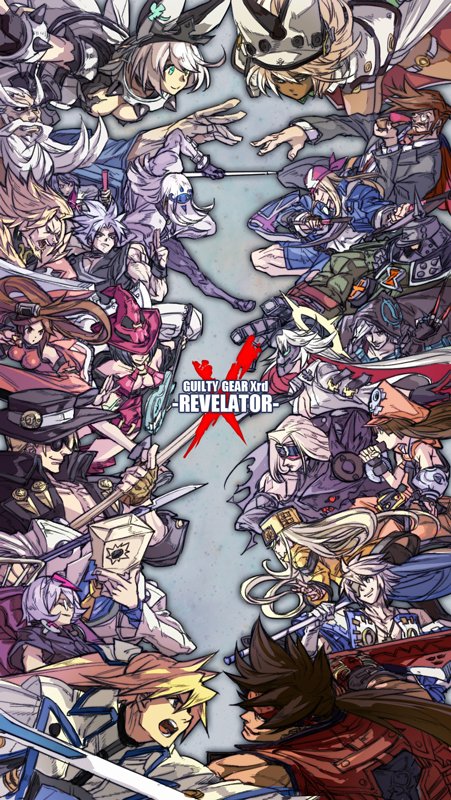 5boys 6+girls arc_system_works axl_low bag beard bedman black_hair blindfold blonde_hair brown_hair chipp_zanuff dark_skin eddie_(guilty_gear) elphelt_valentine everyone eyepatch faceoff facial_hair faust_(guilty_gear) fingerless_gloves fur_hat gloves green_eyes guilty_gear guilty_gear_xrd hat helmet hood hungry_clicker i-no jack-o&#039;_valentine johnny_(guilty_gear) kum_haehyun kum_jonryoku kuradoberi_jam ky_kiske leo_whitefang light_purple_hair mask may_(guilty_gear) millia_rage monocle multicolored_hair multiple_boys multiple_girls paper_bag platinum_blonde_hair potemkin_(guilty_gear) ramlethal_valentine raven_(guilty_gear) red_hair sin_(guilty_gear) slayer_(guilty_gear) sol_badguy sword two-tone_hair ushanka venom_(guilty_gear) weapon white_hair zato-1