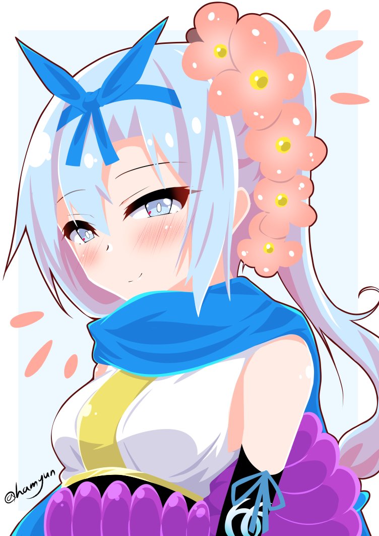 1girl arm_warmers bare_shoulders blue_eyes blue_hair blue_hairband blue_scarf blush bow_hairband closed_mouth commentary_request flower hair_flower hair_ornament hairband hamiyun japanese_clothes kimono kousetsu_samonji_(tenka_hyakken) light_blue_hair looking_at_viewer notice_lines parted_bangs rope scarf shimenawa side_ponytail smile snowflake_brooch solo tenka_hyakken twitter_username upper_body white_background white_kimono