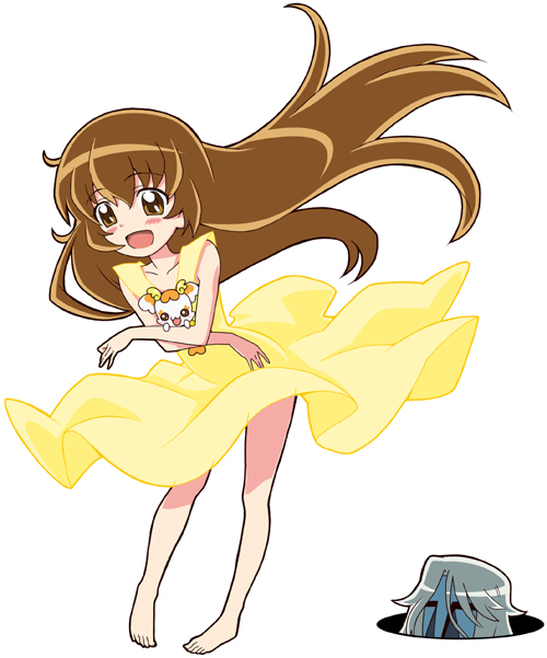 10s 1boy 1girl :d barefoot blush brown_eyes brown_hair creature dress full_body grey_hair happy heartcatch_precure! hole long_hair mascot mask myoudouin_itsuki open_mouth peeking potpourri_(heartcatch_precure!) precure professor_sabaku simple_background smile white_background yellow_dress yuuma_(artist) yuuma_(skirthike)