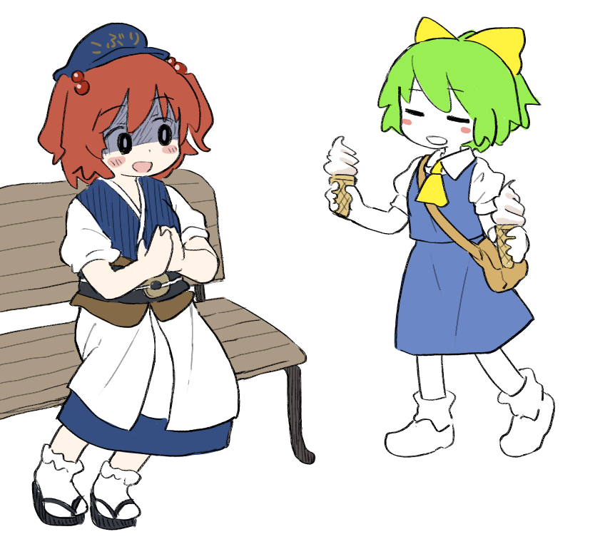 2girls ascot bag bench black_eyes black_footwear black_sash blue_dress blue_hat blue_skirt blue_vest blush blush_stickers bow bright_pupils bseibutsu closed_eyes coin coin_on_string collared_shirt colored_skin cookie_(touhou) daiyousei diyusi_(cookie) dress food full_body hair_bobbles hair_bow hair_ornament hat holding holding_ice_cream_cone ice_cream ice_cream_cone looking_at_another multiple_girls obi obijime on_bench onozuka_komachi open_mouth own_hands_together park_bench red_hair sandals sash shaded_face shirt shishou_(cookie) shoes short_hair simple_background skirt skirt_set smile socks touhou two_side_up vest walking white_background white_footwear white_pupils white_shirt white_skin white_socks yellow_ascot yellow_bow