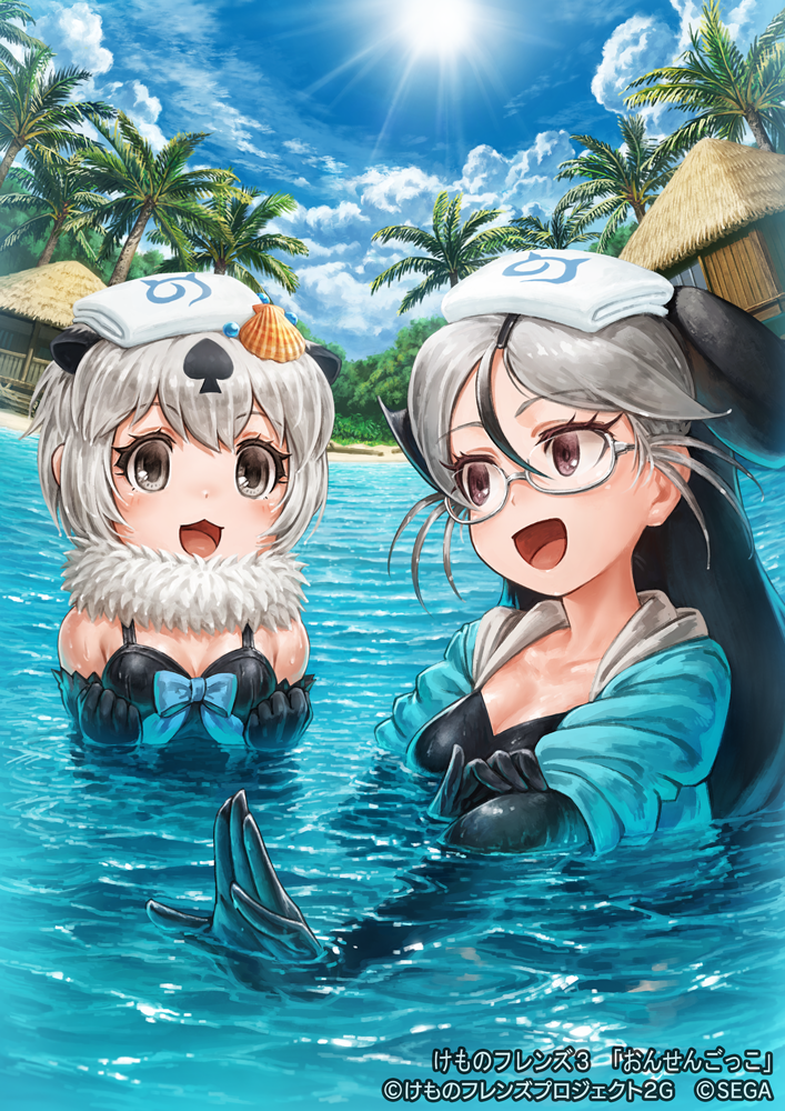 2girls animal_ears beach black_gloves black_hair black_one-piece_swimsuit blue_bow blue_bowtie blue_hoodie bow bowtie california_sea_lion_(kemono_friends) californian_sea_otter_(kemono_friends) collarbone elbow_gloves extra_ears fur_collar glasses gloves grey_hair hood hood_down hoodie japari_symbol kemono_friends kemono_friends_3 long_hair multicolored_hair multiple_girls official_art one-piece_swimsuit onsen open_clothes open_hoodie otter_ears otter_girl outdoors oyu_udon partially_submerged shell_hair_ornament short_hair spaghetti_strap swimsuit towel towel_on_head two-tone_hair water white_fur white_hair
