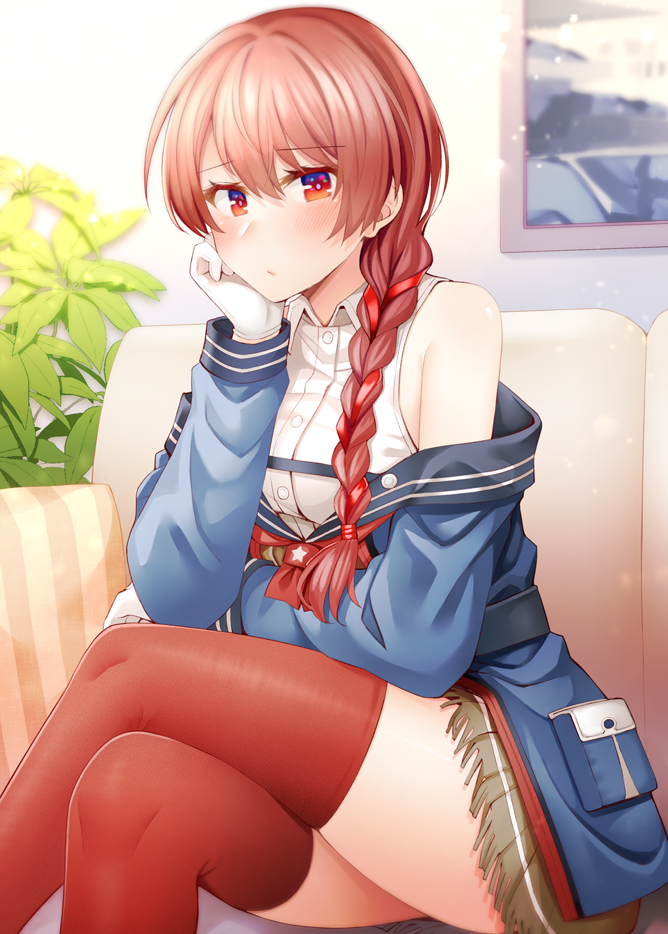 1girl blue_jacket breasts closed_mouth collared_shirt commentary couch crossed_legs elbow_on_knee elbow_rest gloves hand_on_own_cheek hand_on_own_face head_rest highres indoors jacket kantai_collection long_hair long_sleeves medium_breasts nevada_(kancolle) nevada_kai_(kancolle) on_couch painting_(object) red_eyes red_hair rui_shi_(rayze_ray) shirt sitting sleeveless sleeveless_shirt solo white_gloves white_shirt