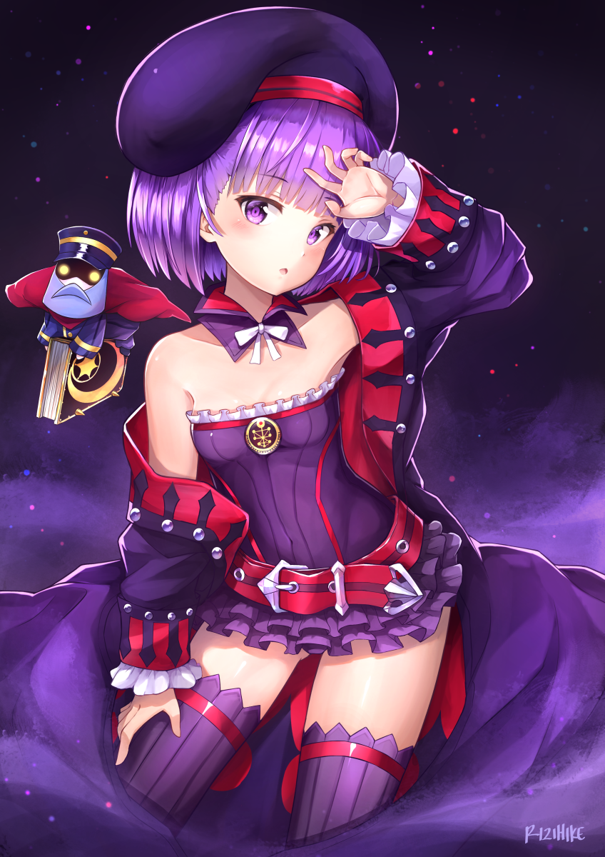 1girl bare_shoulders belt fate/grand_order fate_(series) female_focus flat_chest hat helena_blavatsky_(fate) helena_blavatsky_(third_ascension)_(fate) highres jacket looking_at_viewer purple_eyes purple_hair rizihike sefirot short_hair solo strapless thighhighs
