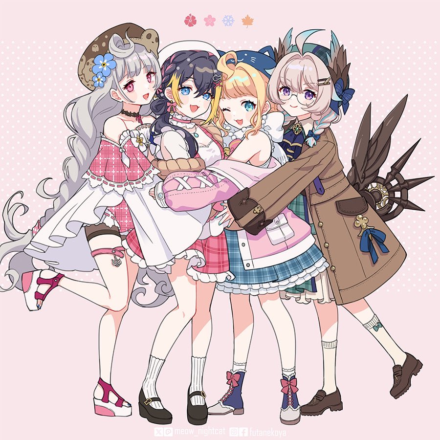 4girls ahoge animal_hat aqua_eyes aqua_hair artist_name beret black_hair blonde_hair blue_eyes blush braid breasts brown_coat cardigan cat_hat cleavage coat collarbone commentary dress earrings enna_alouette enna_alouette_(3rd_costume) fish_hair_ornament flower glasses grey_hair hair_between_eyes hair_flower hair_ornament hairclip hat head_wings hug jewelry leg_up light_brown_hair long_hair low_twin_braids mechanical_wings medium_breasts medium_hair millie_parfait millie_parfait_(3rd_costume) multicolored_hair multiple_girls nightcat nijisanji nijisanji_en off_shoulder open_mouth petra_gurin petra_gurin_(3rd_costume) pink_cardigan pink_hair plaid_clothes plaid_dress platform_footwear pom_pom_(clothes) pom_pom_earrings purple_eyes red_eyes reimu_endou reimu_endou_(3rd_costume) seasons smile streaked_hair symbol-only_commentary twin_braids twitter_username very_long_hair virtual_youtuber wing_hair_ornament wings zuttomo_(nijisanji)