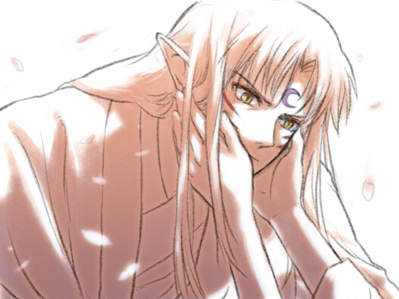 1boy bad_id bad_pixiv_id facial_mark forehead_mark hands_on_another&#039;s_face inuyasha japanese_clothes kimono long_hair male_focus monochrome niko_(silent.whitesnow) petals pointy_ears rin_(inuyasha) sesshoumaru spot_color