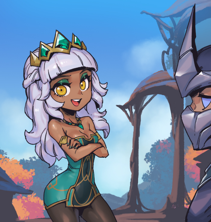 1boy 1girl :d bare_shoulders blue_eyes blue_sky blunt_bangs breasts brown_pantyhose cleavage covered_navel crossed_arms dark-skinned_female dark_skin day detached_sleeves dress green_dress grey_hair hair_ornament helmet jewelry league_of_legends long_hair looking_at_another mask medium_breasts mouth_mask necklace open_mouth orange_eyes outdoors pantyhose phantom_ix_row qiyana_(league_of_legends) shen_(league_of_legends) short_dress sky smile