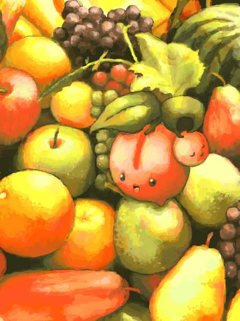 :d apple camouflage_(behavior) cherubi food fruit gen_4_pokemon grapes mado_hana nintendo no_humans oekaki open_mouth orange_(fruit) pear pokemon pokemon_(creature) pokemon_focus saturated smile solo watermelon