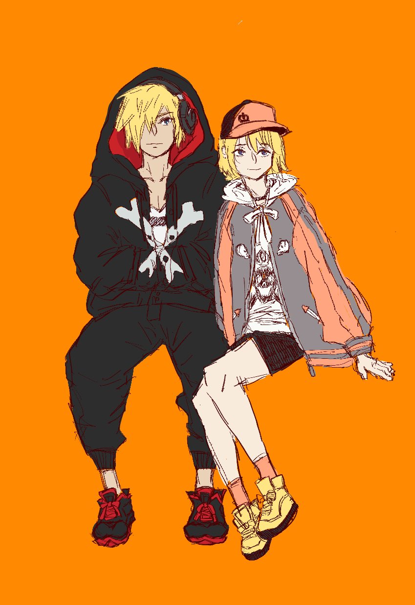 1girl baseball_cap bike_shorts bito_daisukenojo bito_raimu black_hoodie black_pants black_shorts blonde_hair blue_eyes chain chain_necklace hair_over_one_eye hands_in_pockets hat headphones highres hood hood_up hoodie jacket jewelry multicolored_jacket necklace pants shin_subarashiki_kono_sekai shirt shorts skull_print subarashiki_kono_sekai two-tone_headwear two-tone_jacket white_shirt