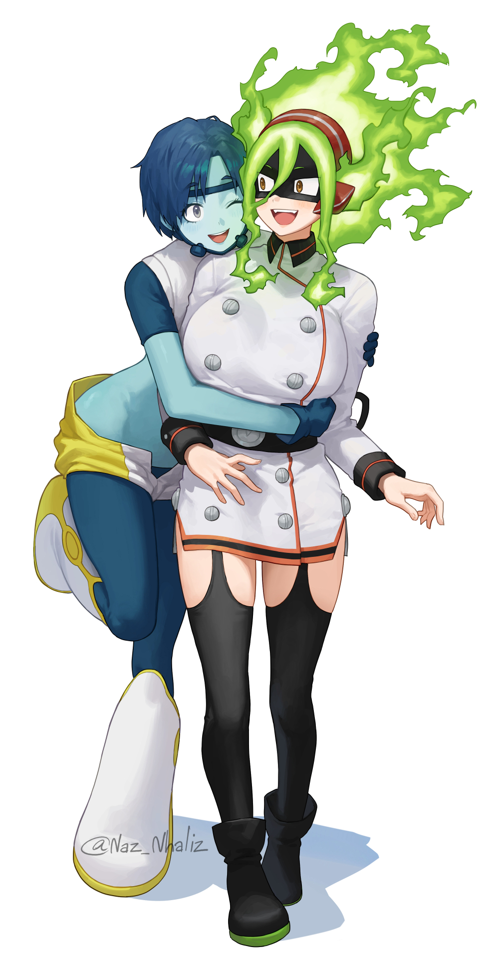 2girls black_footwear black_mask black_thighhighs blue_gloves blue_hair blue_leggings blue_skin boku_no_hero_academia boots bubble_girl_(boku_no_hero_academia) burnin_(boku_no_hero_academia) colored_skin diving_mask domino_mask dress eye_mask eyebrows_visible_through_mask fiery_hair fire full_body gloves goggles green_fire green_hair highres hug hug_from_behind leg_lift leggings leggings_under_shorts mask midriff multiple_girls nhaliz one_eye_closed open_fly shorts standing standing_on_one_leg studded thighhighs two-tone_shorts white_background white_dress white_footwear white_shorts yellow_eyes yellow_shorts
