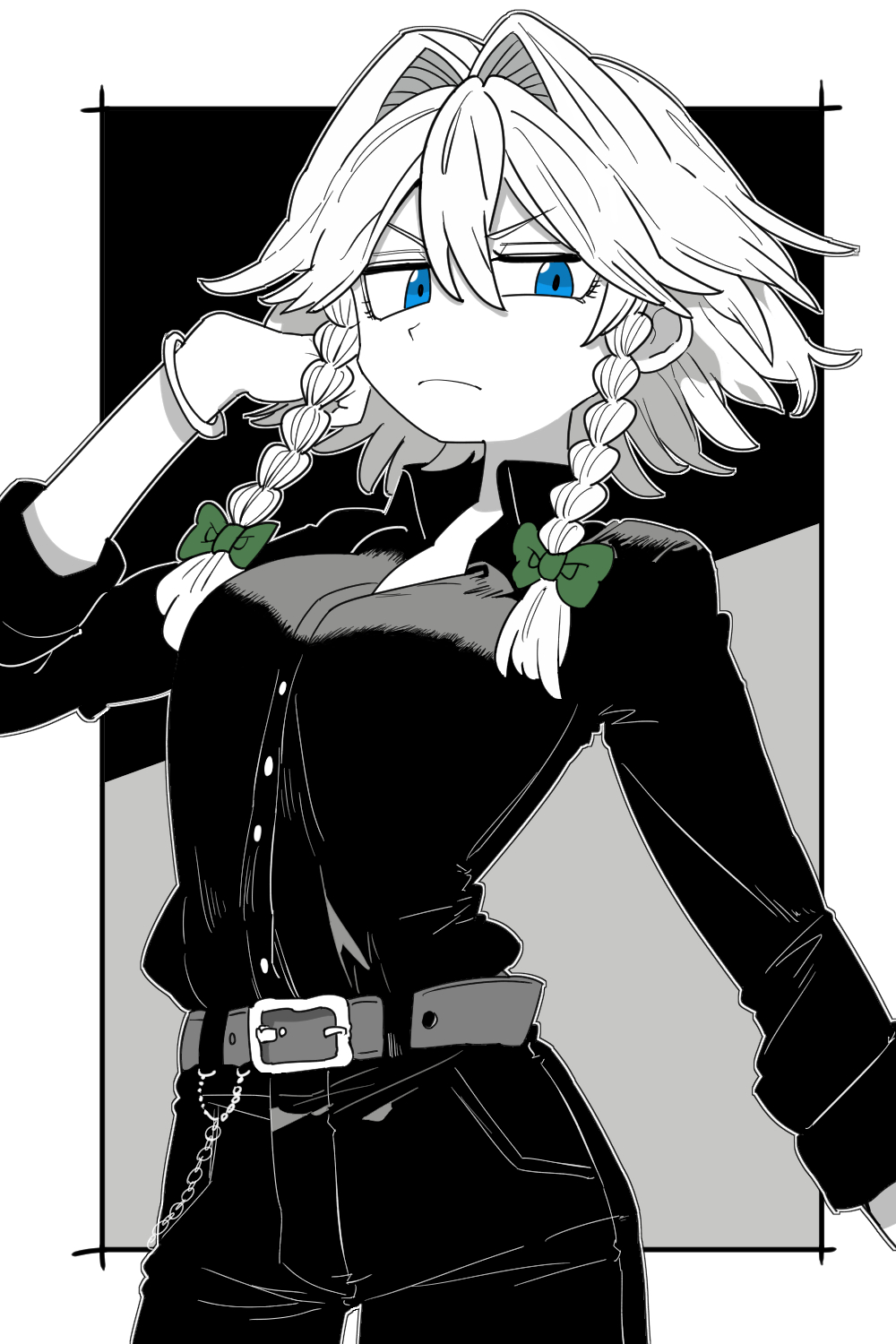 1girl black_pants black_shirt blue_eyes bollzzalguy bow bracelet braid chain_belt collared_shirt colored_skin green_bow hair_ribbon highres izayoi_sakuya jewelry pants ribbon shirt sleeves_pushed_up touhou twin_braids white_hair white_skin