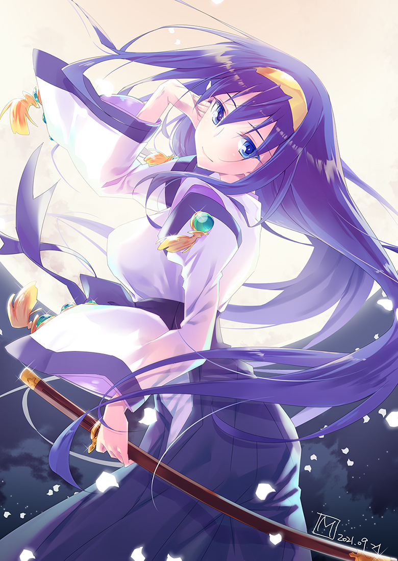 1girl 2021 adjusting_hair blue_eyes blue_hair blue_hakama closed_mouth dated floating_hair from_side hairband hakama himemiya_chikane holding holding_sword holding_weapon japanese_clothes kannazuki_no_miko katana long_hair miyako910724 moon nontraditional_miko petals purple_hair sheath sheathed signature smile solo sword very_long_hair weapon wide_sleeves wind yellow_hairband