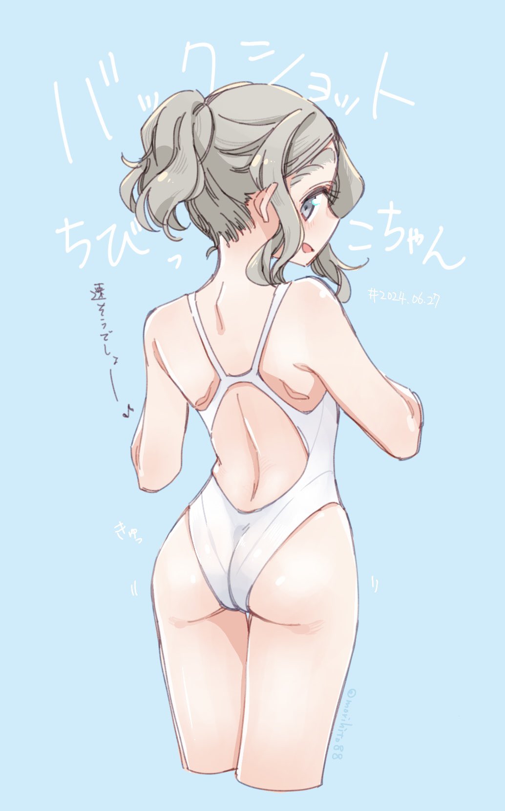 1girl aqua_background blue_eyes breasts chibikko_(morihito) commentary_request competition_swimsuit cropped_legs from_behind grey_hair highres looking_at_viewer looking_back medium_breasts morihito one-piece_swimsuit original ponytail solo standing swimsuit text_background translation_request white_one-piece_swimsuit
