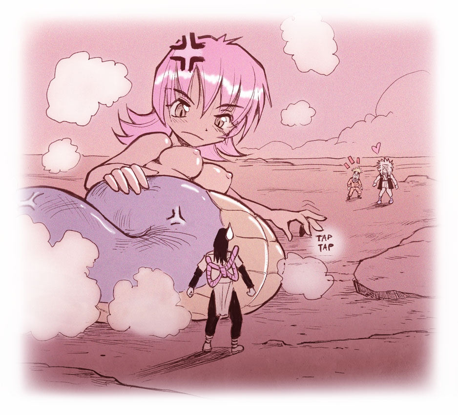 1girl 3boys angry anna_(karbo) breasts casual_nudity giant giantess jiraiya_(naruto) karbo lamia manda_(naruto) monster_girl multiple_boys naruto_(classic) naruto_(series) nipples orochimaru_(naruto) pink_hair size_difference snake surprised sweat topless_female uzumaki_naruto
