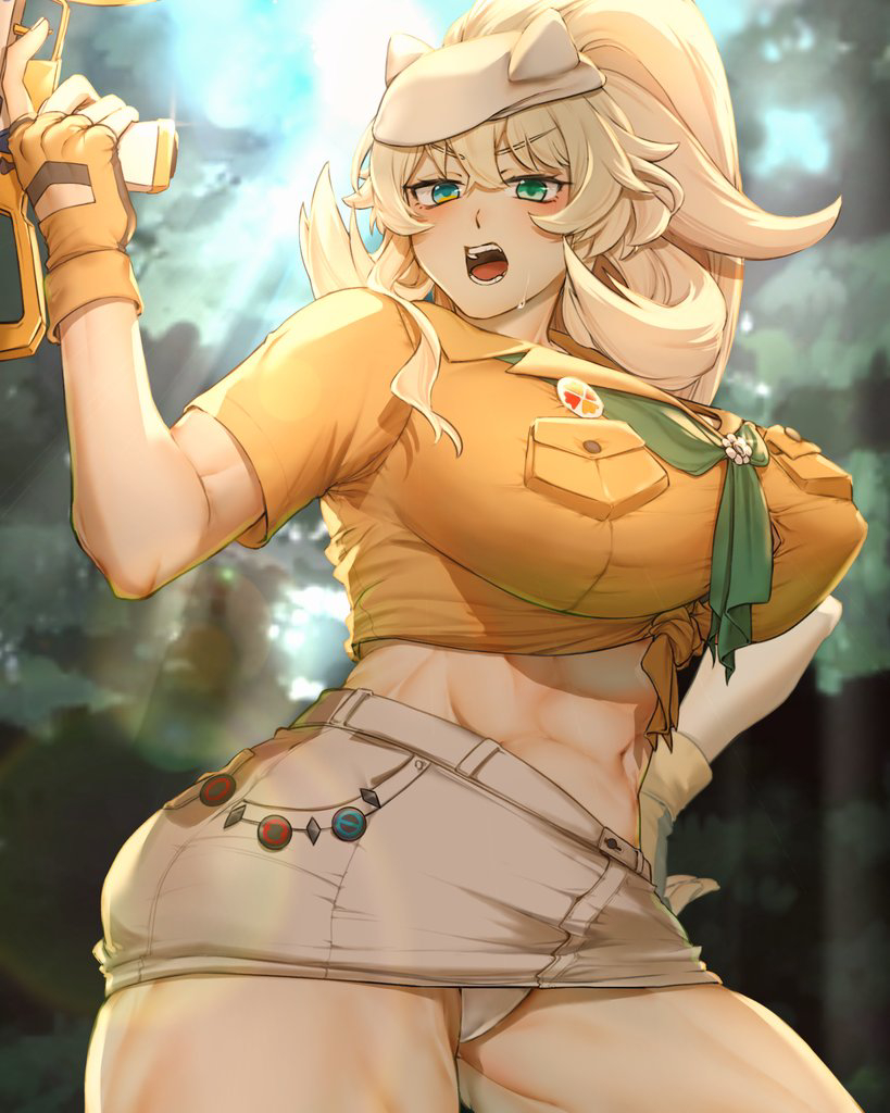1girl abs barghest_(fate) barghest_(swimsuit_archer)_(fate) barghest_(swimsuit_archer)_(first_ascension)_(fate) biceps blonde_hair blush breasts fate/grand_order fate_(series) fingerless_gloves forest gloves green_eyes grey_hat grey_skirt gun hat high_ponytail hiyayaako large_breasts long_hair looking_at_viewer midriff miniskirt muscular muscular_female nature navel neckerchief open_mouth pencil_skirt ponytail shirt short_sleeves sidelocks skirt solo thick_thighs thighs tied_shirt weapon yellow_gloves yellow_shirt