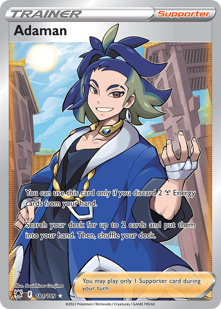 1boy adaman_(pokemon) artist_name bandaged_hand bandages blue_hair blue_jacket blue_sky brown_eyes card_(medium) character_name cloud company_name copyright_name copyright_notice day english_text eyebrow_cut eyelashes green_hair gunjima_souichirou hand_on_own_hip jacket jewelry male_focus medium_hair multicolored_hair necklace nintendo official_art open_clothes open_jacket outdoors pokemon pokemon_card pokemon_legends:_arceus pokemon_tcg sky smile solo sun teeth third-party_source trading_card two-tone_hair