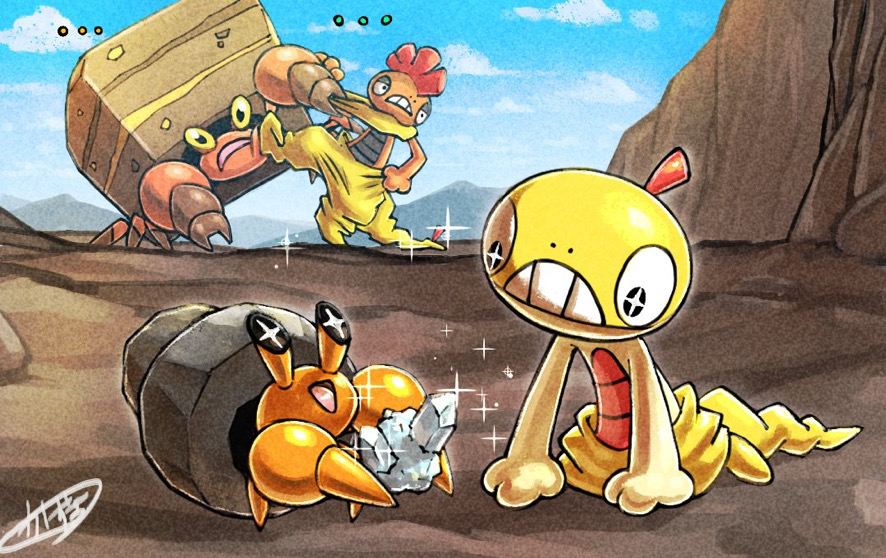 +_+ :d cloud commentary_request crustle day dwebble evolutionary_line gen_5_pokemon happy holding kaosu_(kaosu0905) nintendo open_mouth outdoors pokemon pokemon_(creature) scrafty scraggy signature sky smile