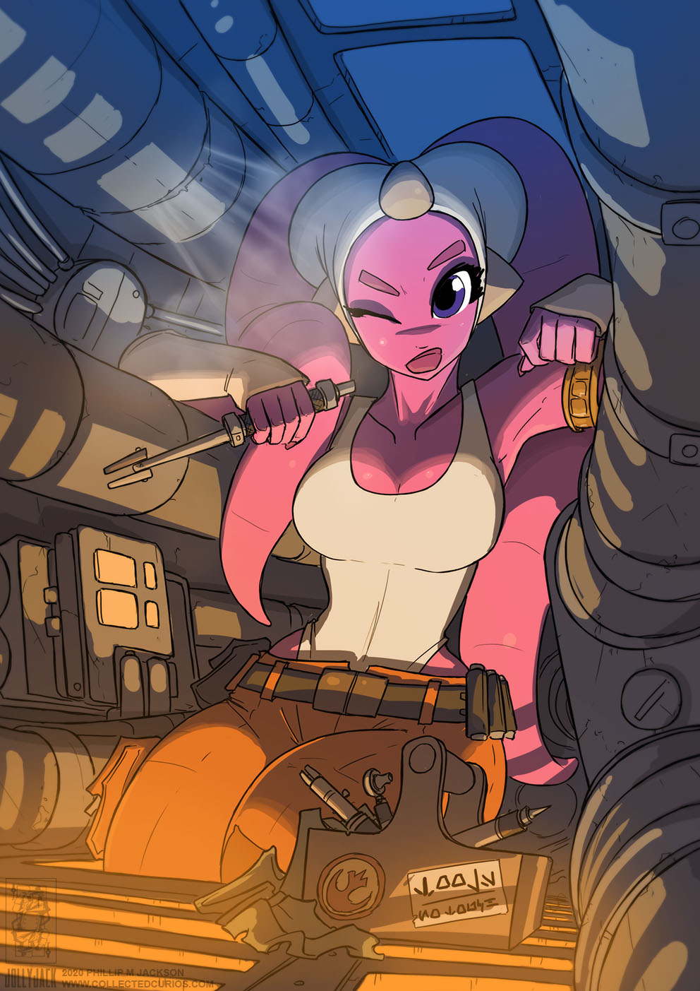 1girl alien belt blue_eyes breasts cleavage colored_skin detached_sleeves eyeshadow highleg highleg_leotard highres jolly_jack lekku_(anatomy) leotard maintenance makeup mechanic orange_pants pants pink_skin rebel_alliance_(star_wars) spacecraft star_wars tank_top toolbox twi&#039;lek utility_belt white_leotard white_tank_top