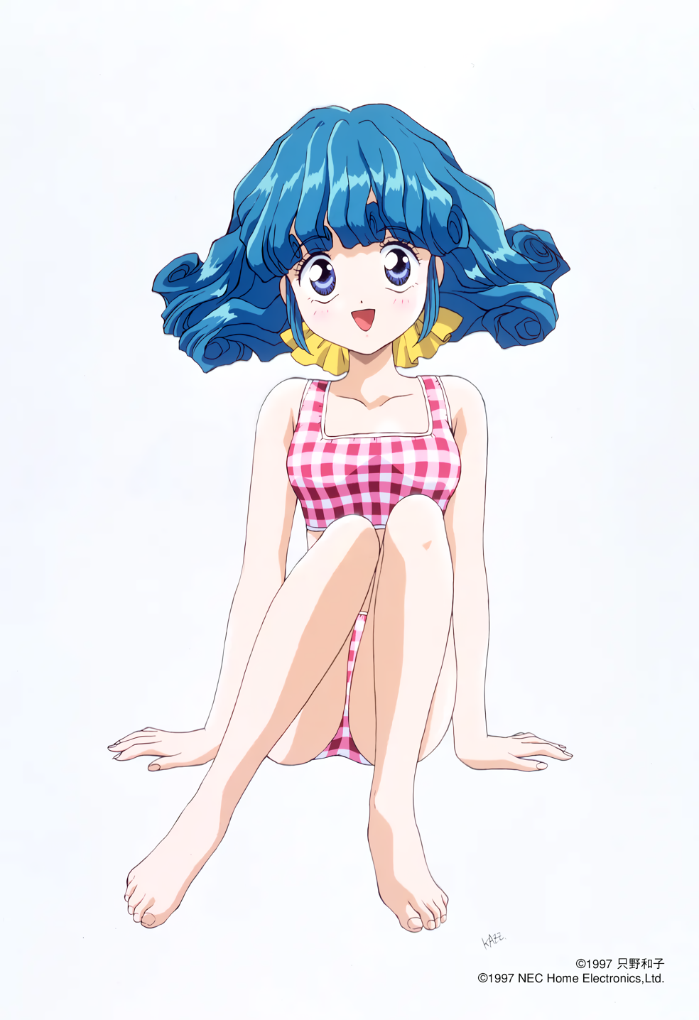 1990s_(style) 1girl aqua_hair barefoot bikini blue_eyes copyright_notice full_body highres invisible_chair knees_up looking_at_viewer medium_hair non-web_source official_art open_mouth retro_artstyle rolfee simple_background sitting solo swimsuit tadano_kazuko tonari_no_princess_rolfee white_background